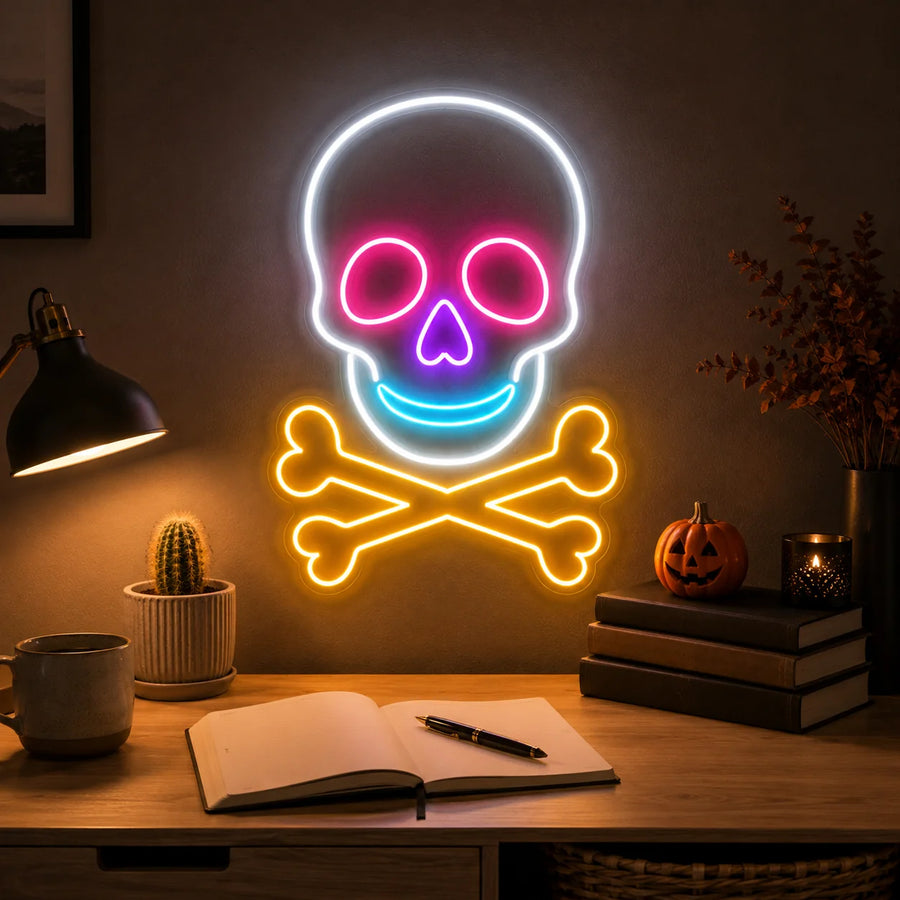 Neon skull sign glowing in a cozy workspace with warm ambient lighting