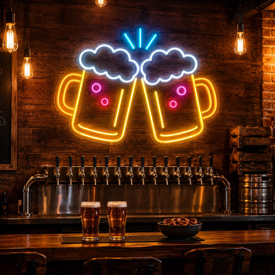 Beer Cheers clinking mugs neon sign above a pub tap run