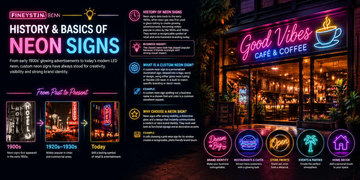 History and basics of neon signs with a modern neon-lit cafe storefront