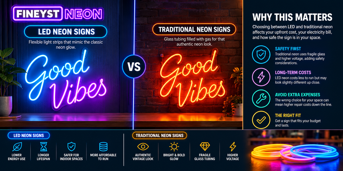 Comparison of LED neon signs and traditional neon signs showing cost, safety, lifespan, and energy use