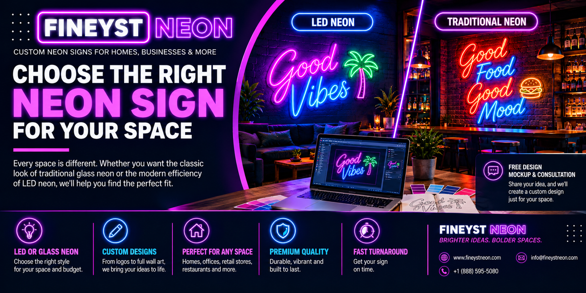 Custom neon sign design showing LED and traditional neon options for different spaces