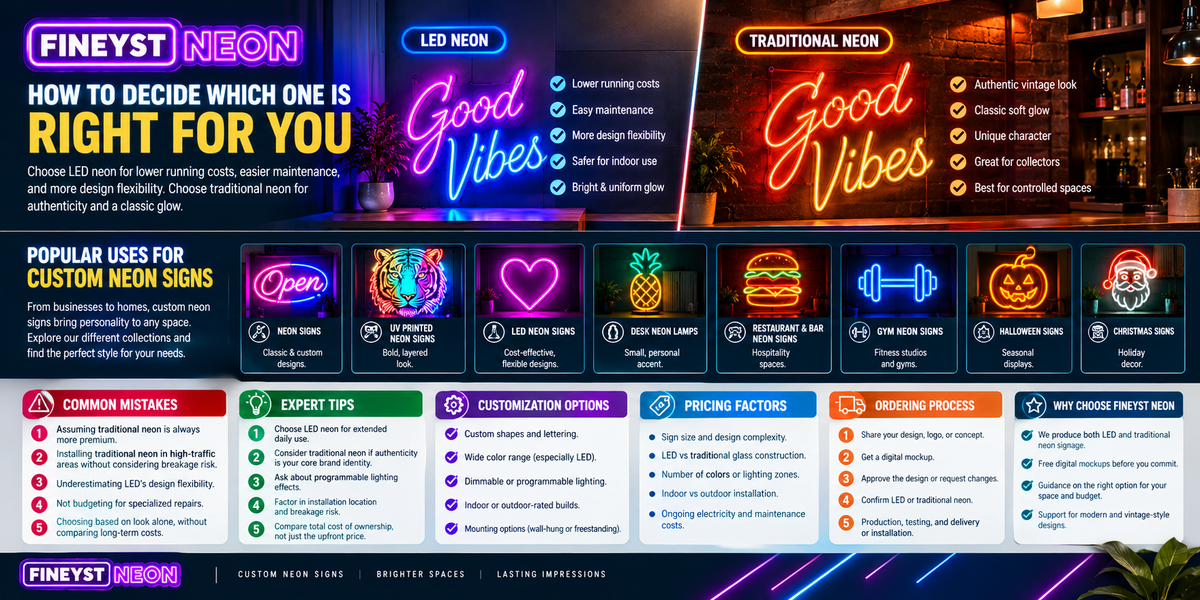 LED neon and traditional neon signs compared for cost, safety, durability, and design flexibility