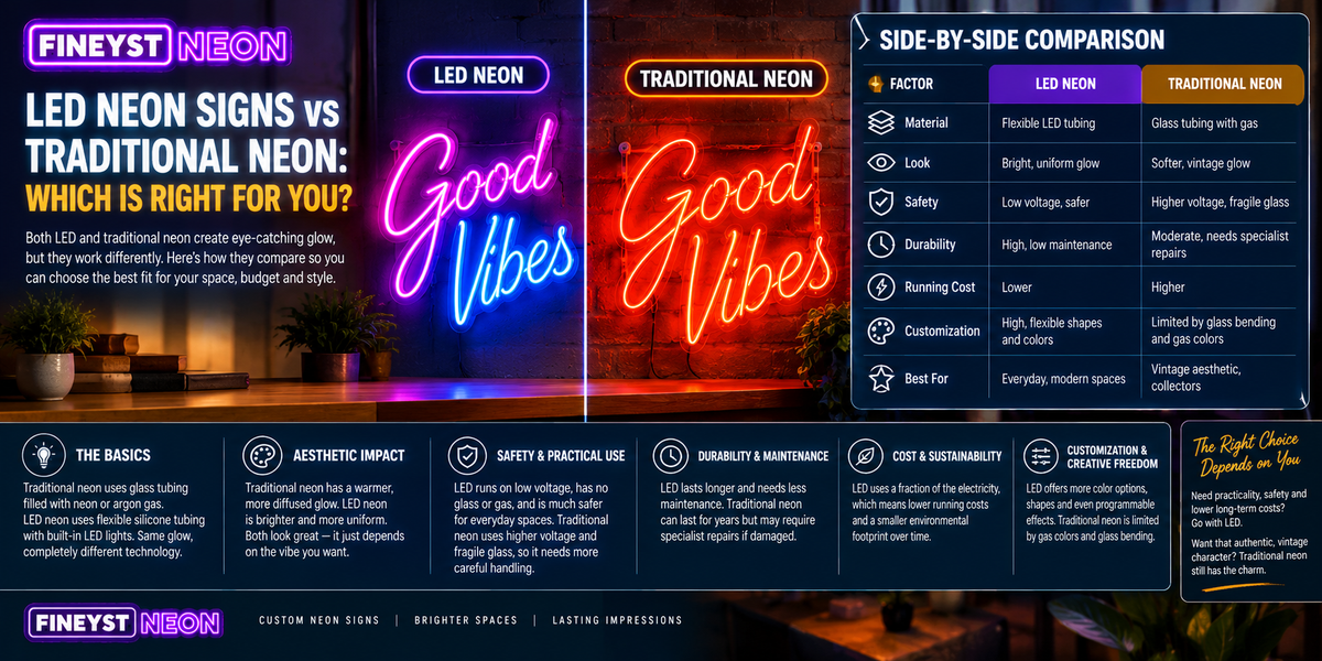 Side-by-side comparison of LED neon and traditional neon signs showing material, safety, durability, running cost, and customization