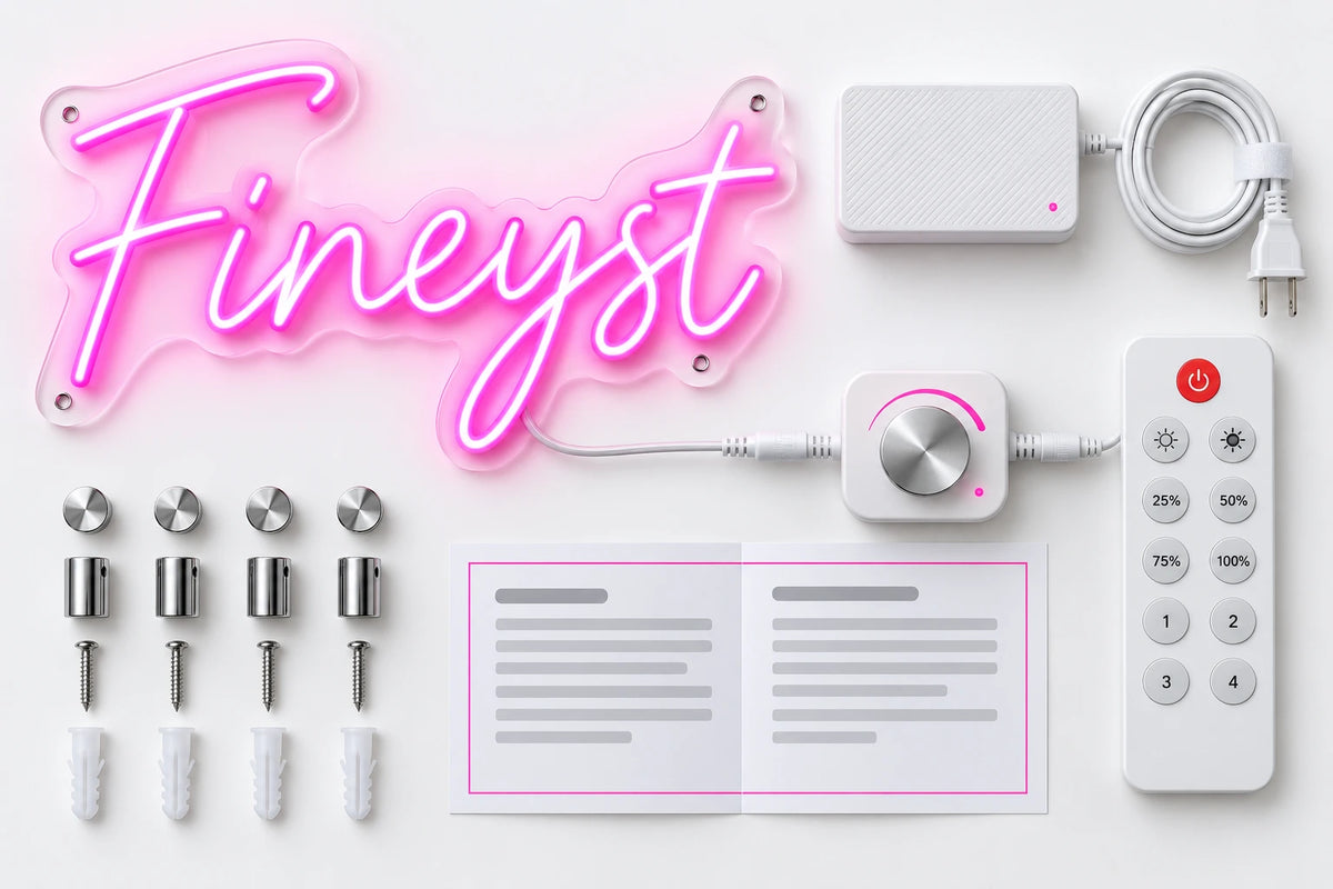 Custom LED neon sign kit laid flat: pink Fineyst neon sign on clear acrylic, white power adapter with US plug, white dimmer with silver dial, white remote control, four chrome standoff screws with wall anchors and an instruction booklet
