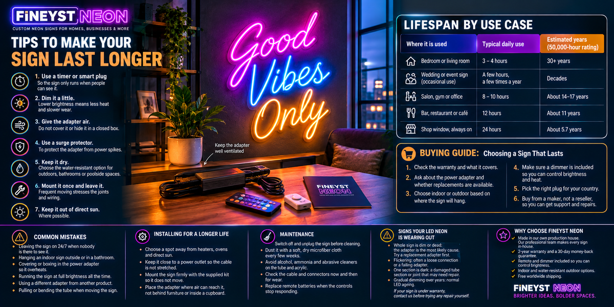 Tips to make LED neon signs last longer, including maintenance, installation, lifespan, and buying guide