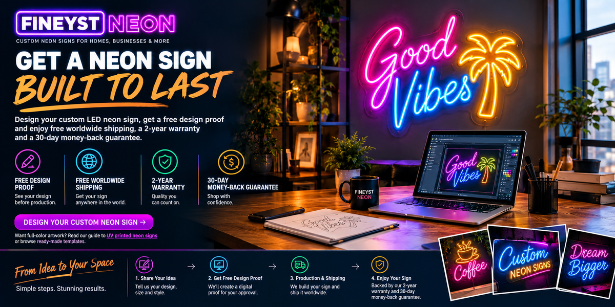 Fineyst Neon custom LED neon signs banner featuring a glowing Good Vibes neon sign, custom neon sign design on a laptop, and benefits including free design proof, worldwide shipping, and a 2-year warranty.