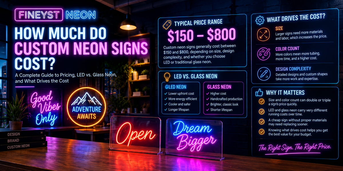Custom neon signs pricing guide showing LED vs glass neon and factors affecting cost