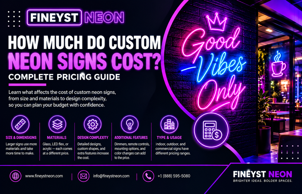 Custom neon sign pricing guide showing factors that affect neon sign cost