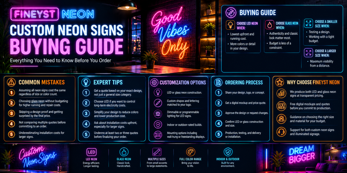 Custom neon signs buying guide showing LED and glass neon options, sizes, customization, and ordering tips
