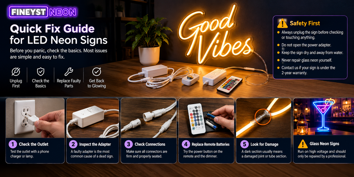 LED neon sign troubleshooting guide with safety tips and step-by-step fix instructions