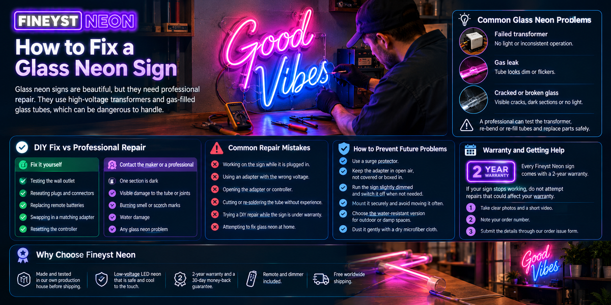 Glass neon sign repair guide with common problems, DIY vs professional fix and warranty tips