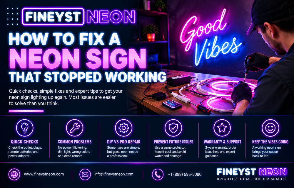 How to fix a neon sign that stopped working featured banner with quick checks, common problems and DIY vs pro repair tips