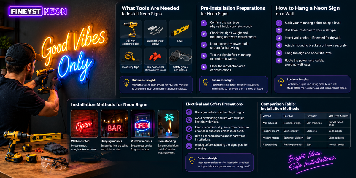 How to hang a neon sign on a wall guide with required tools, installation methods comparison and electrical safety precautions