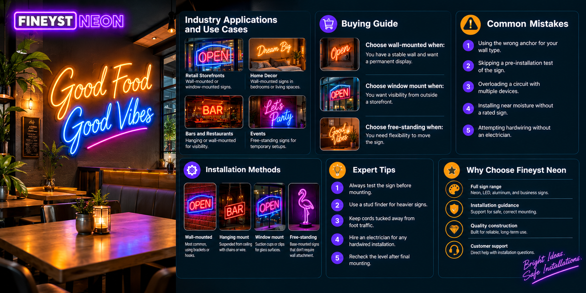 Neon sign installation buying guide with industry use cases, expert tips and common mounting mistakes