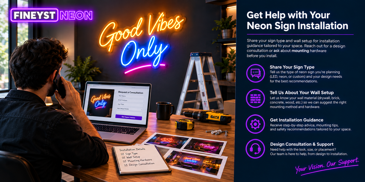 Get help with neon sign installation CTA showing consultation request form for sign type, wall setup and mounting guidance