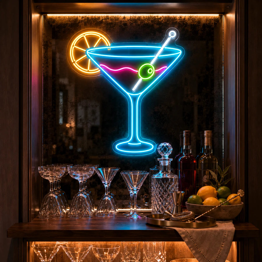 Martini glass neon sign on an antique mirror above a drinks cabinet