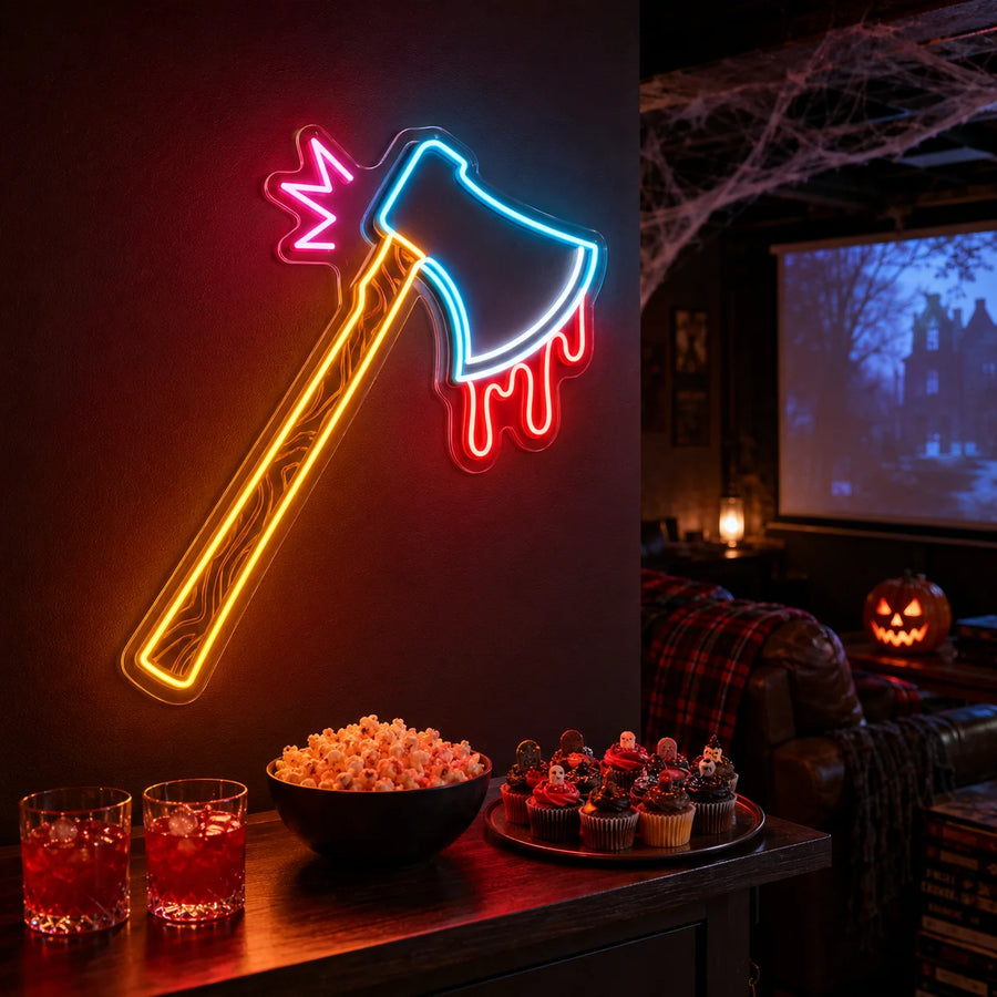 Neon axe horror sign glowing in a movie lounge with dark Halloween decor