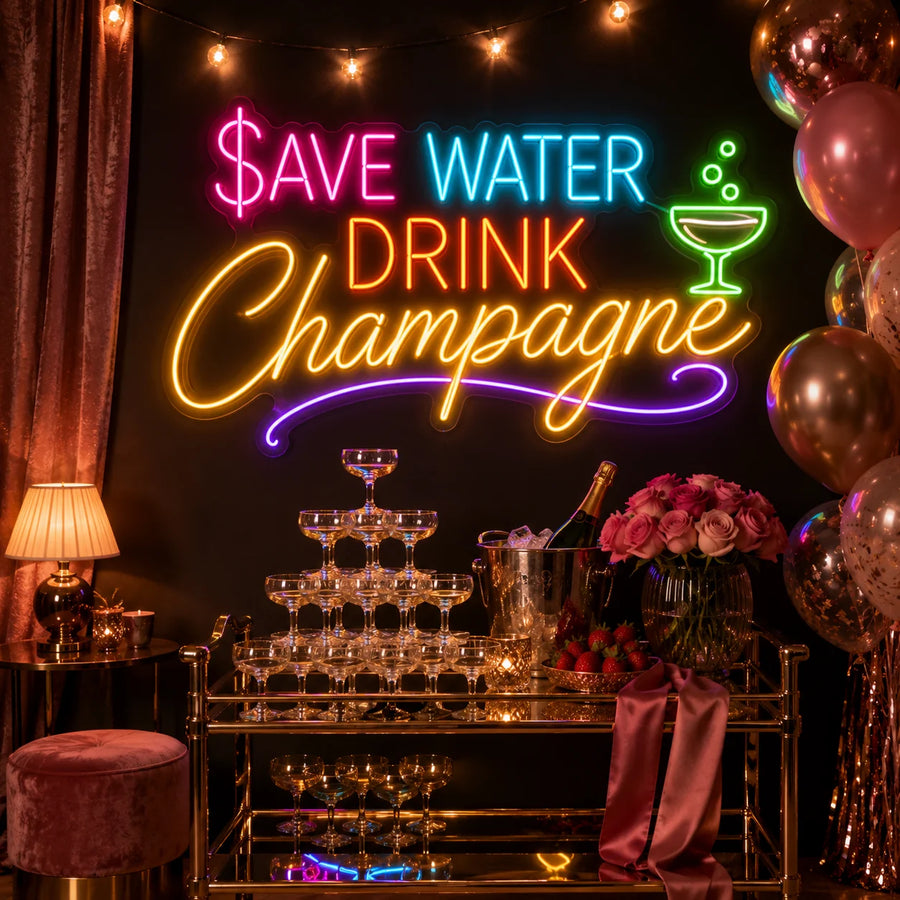 Save Water Drink Champagne neon sign above a gold bar cart and champagne tower
