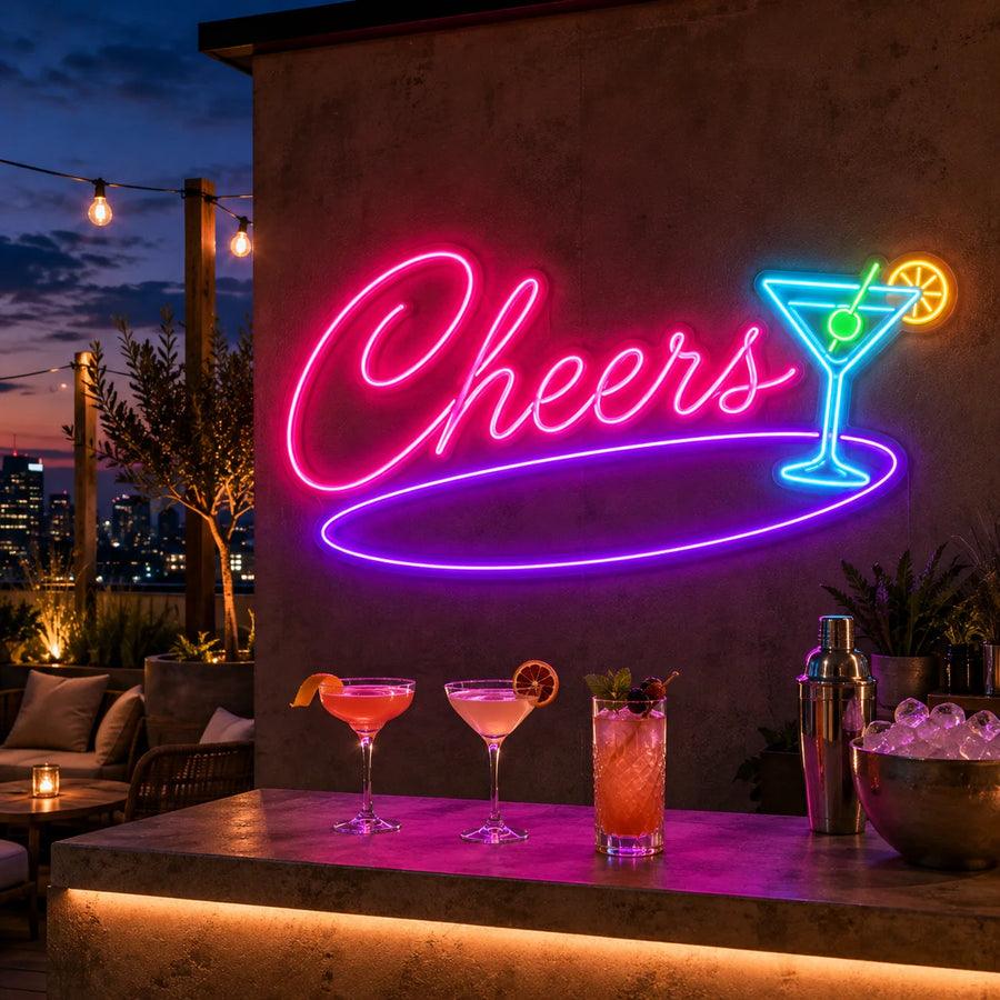 Cheers neon sign with a cocktail glass on a rooftop bar wall at dusk