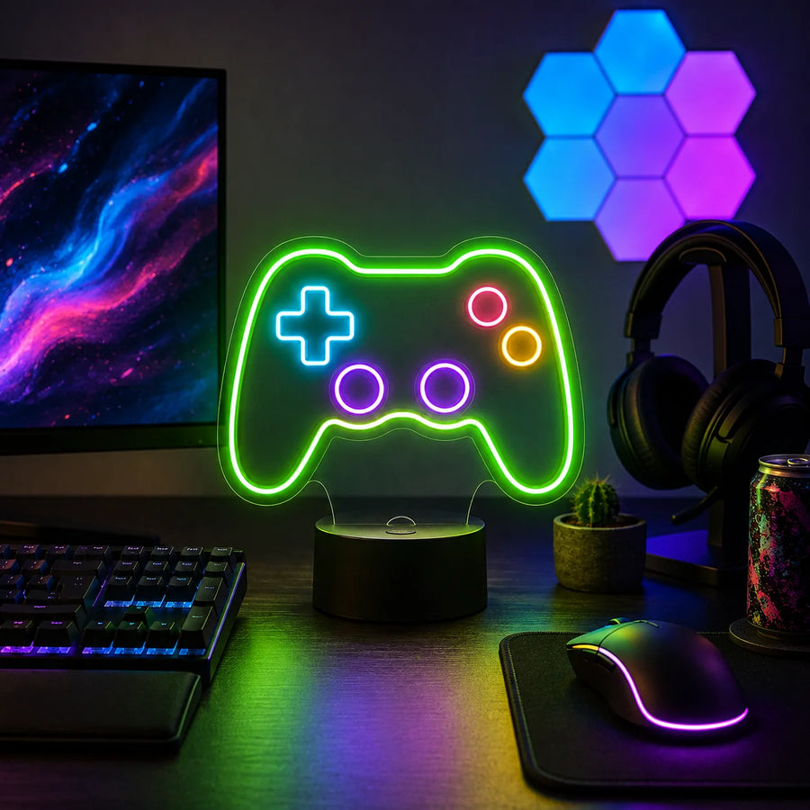 Game controller neon desk light glowing on a gaming desk beside a keyboard and headset