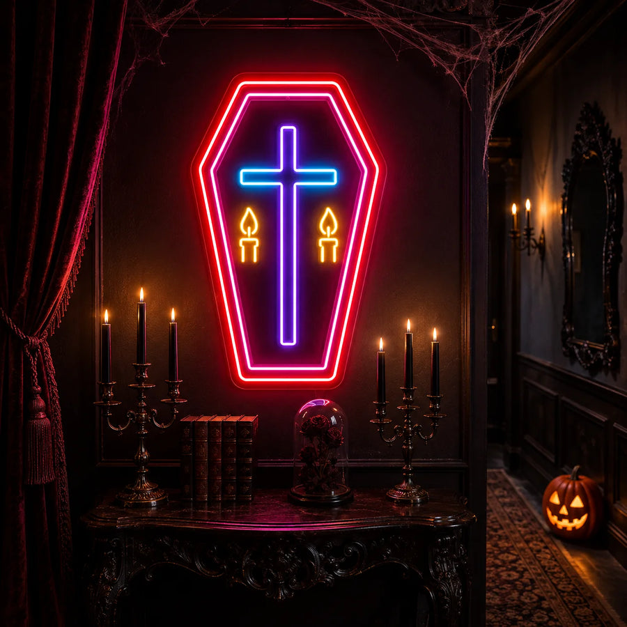 Neon gothic coffin sign glowing in a dark hallway with Halloween decor