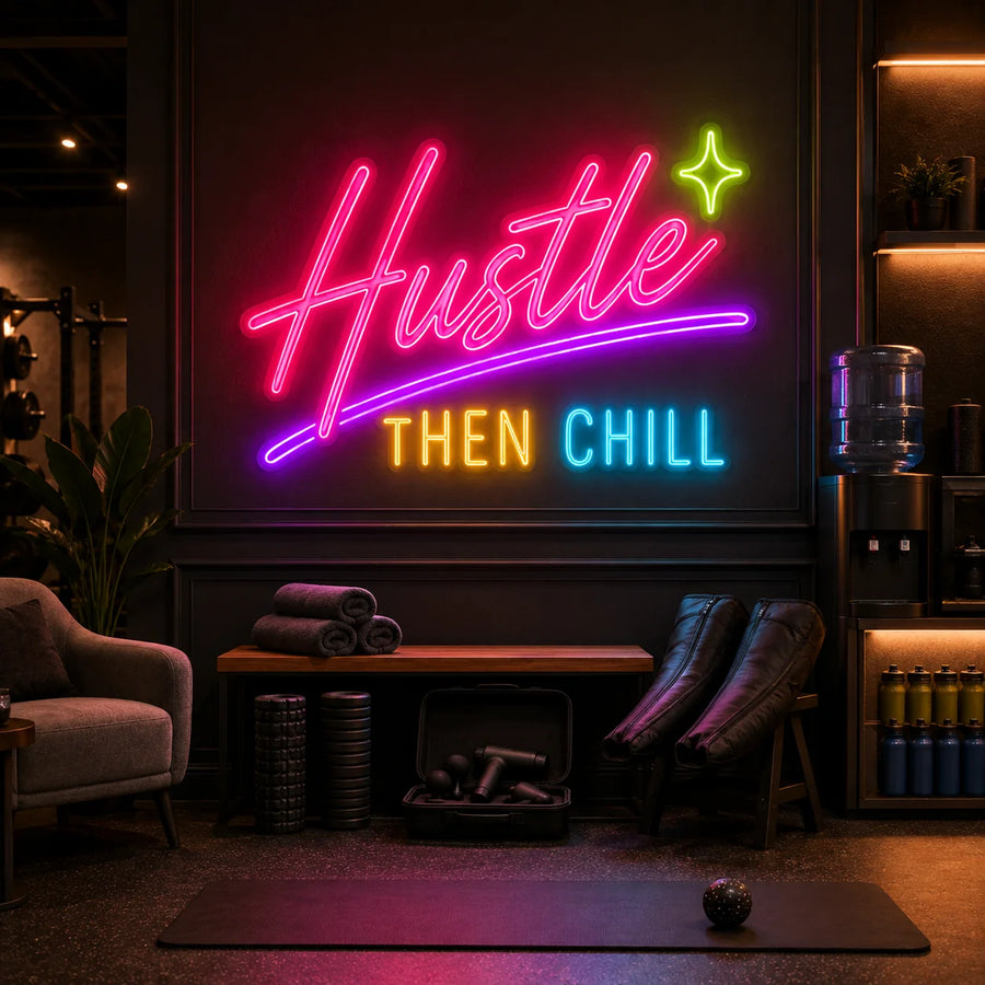Hustle Then Chill neon sign glowing in a gym recovery lounge above a bench and compression boots