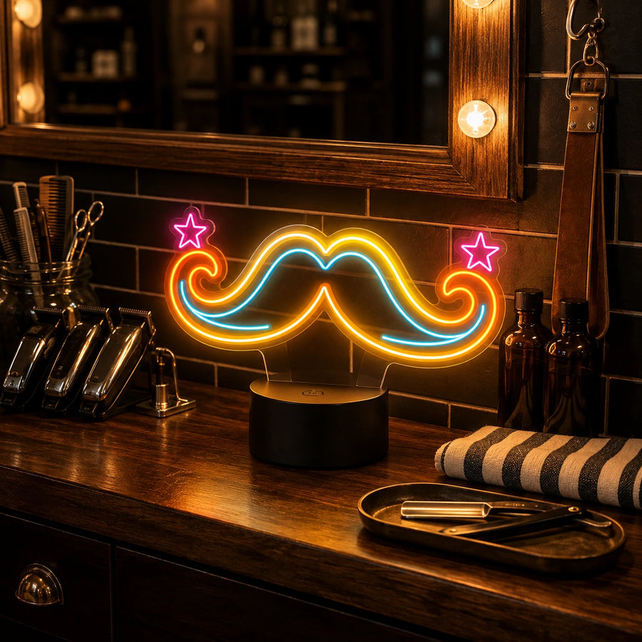 Moustache neon desk light glowing on a barbershop counter beside clippers and a razor