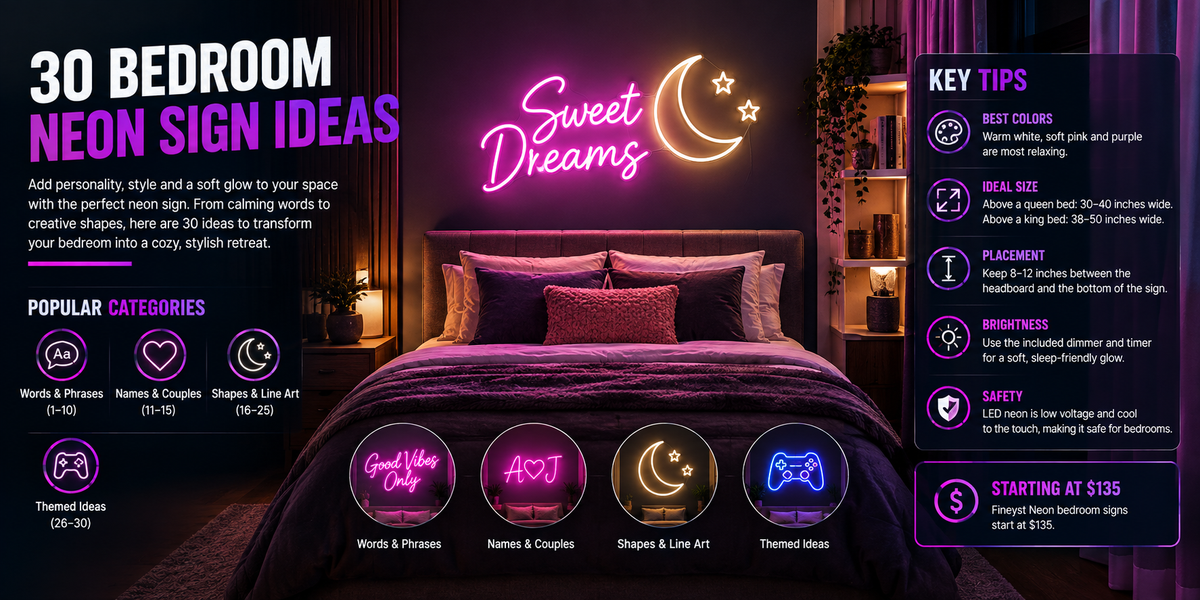 30 bedroom neon sign ideas featured banner with Sweet Dreams moon and stars neon sign above bed and key tips for size, placement and colors
