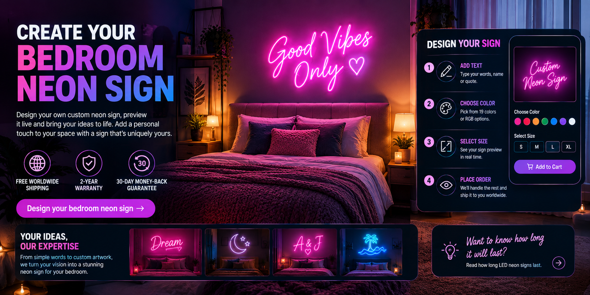 Custom bedroom neon sign builder with color and size options and free worldwide shipping