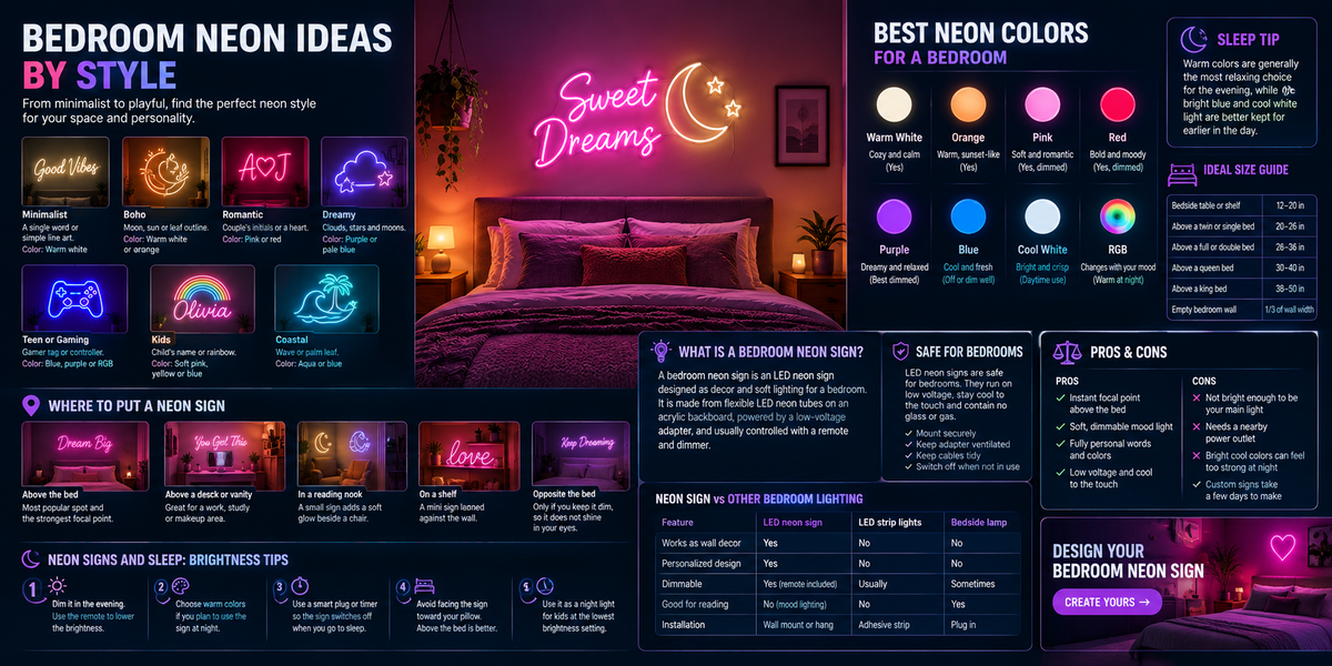 Bedroom neon sign guide showing styles, colors, sizes and where to place a neon sign
