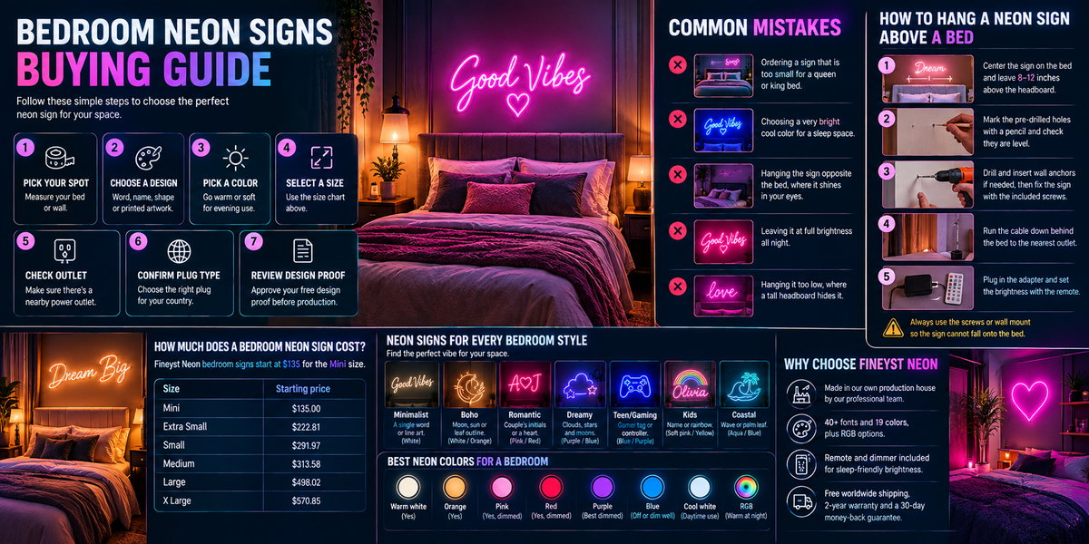 Bedroom neon sign buying guide with pricing, common mistakes and hanging instructions
