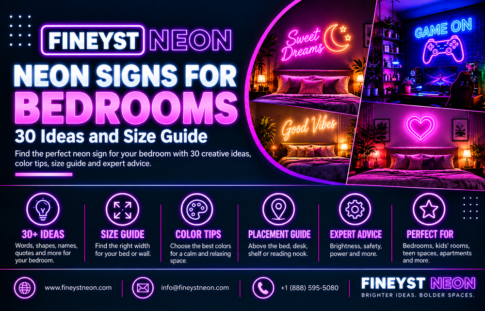Neon signs for bedrooms 30 ideas and size guide featured banner with Sweet Dreams, Good Vibes and Game On neon signs