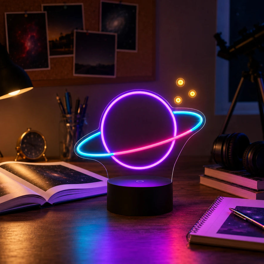 Planet neon desk light glowing on a study desk beside an open book and telescope