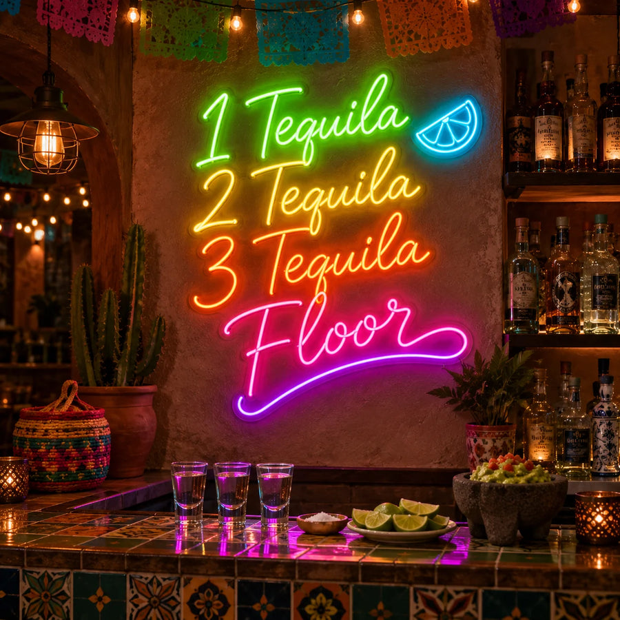 1 Tequila 2 Tequila 3 Tequila Floor neon sign on a cantina bar wall