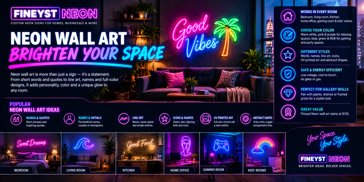 Neon wall art guide infographic showing popular ideas, room styles and features for custom neon signs in bedroom, kitchen, living room and gaming room