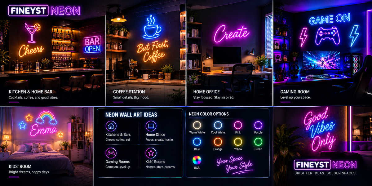 Neon wall art room ideas grid with warm white, pink, blue, RGB and other neon color options