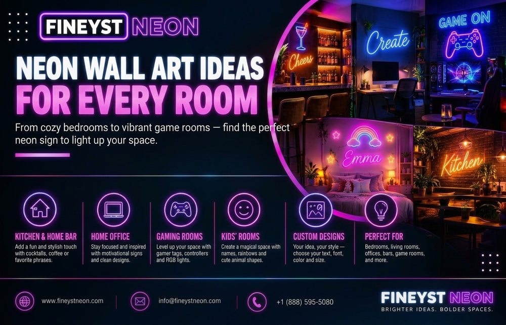 Neon wall art ideas for every room banner featuring bar, home office, gaming room and kids room neon sign examples