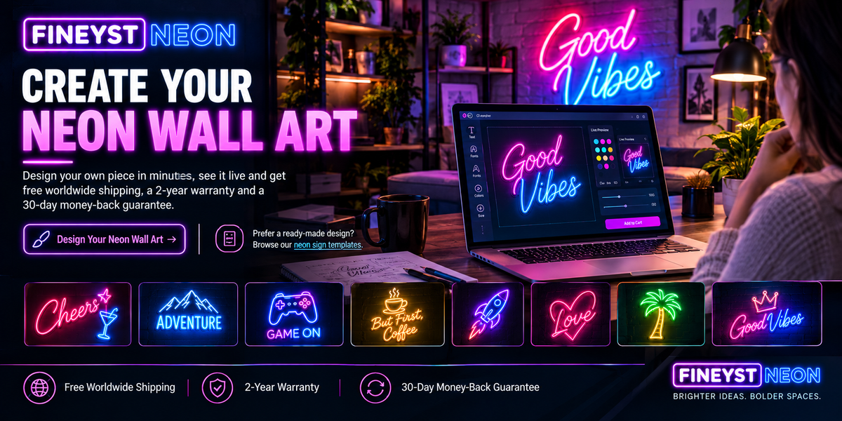 Custom neon wall art design builder with ready-made templates and free shipping options