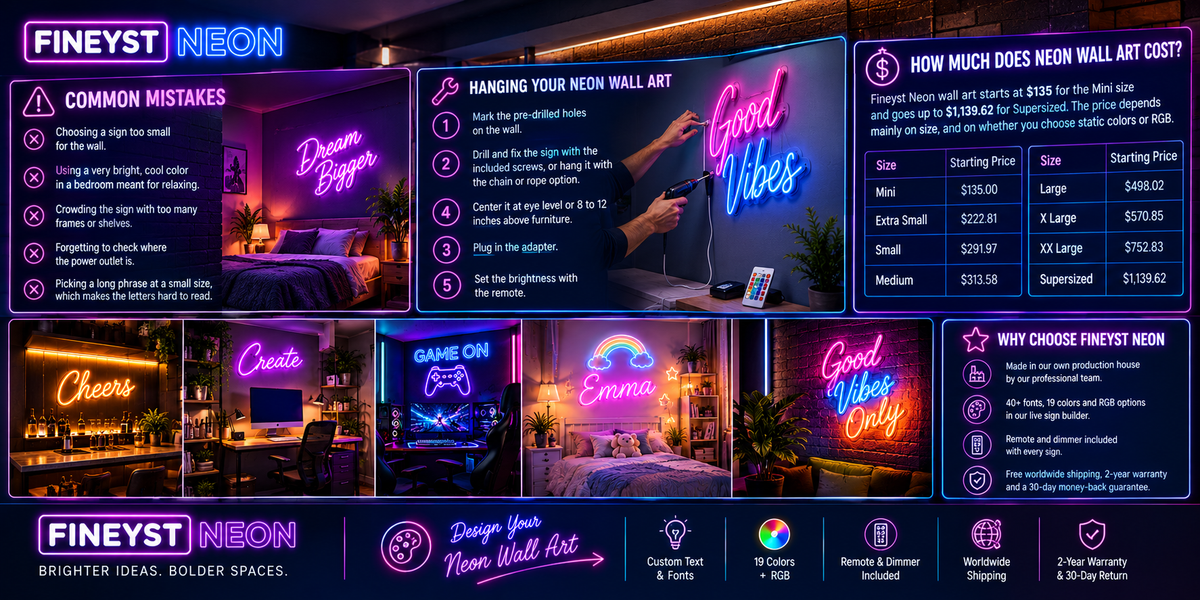 How to hang neon wall art with common mistakes to avoid and pricing chart from $135 to $1,139