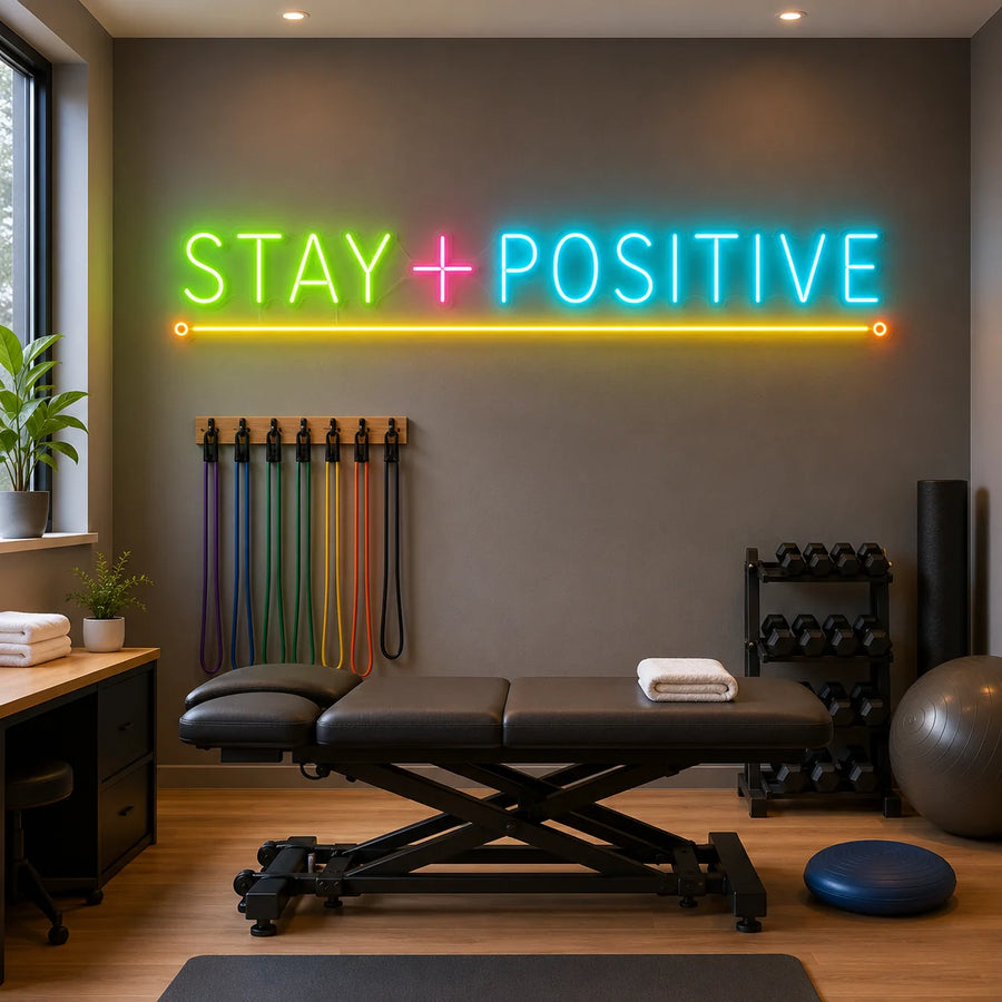 Stay Positive neon sign glowing on a physio studio wall above a treatment bed