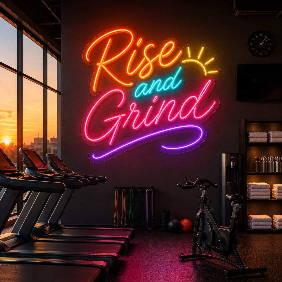 Rise And Grind neon sign glowing above a treadmill row at sunrise in a gym