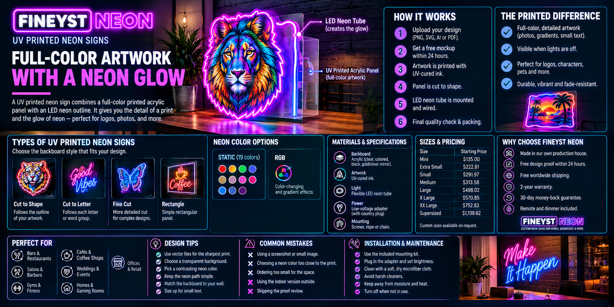 UV printed neon signs with full color artwork, LED neon glow, customization options, sizes and pricing