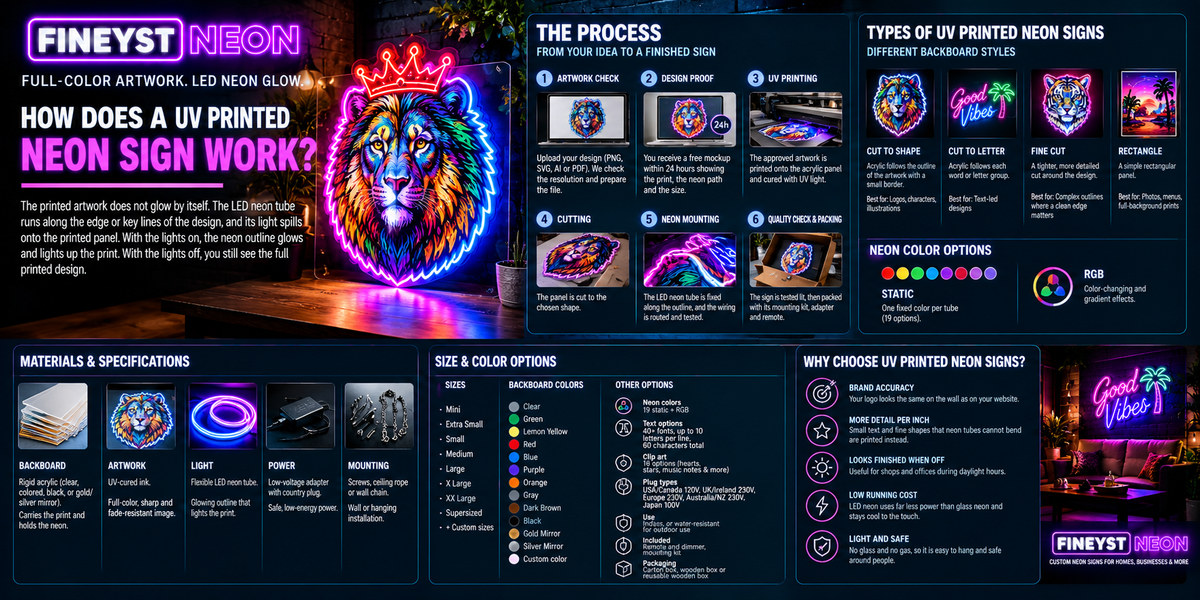 UV printed neon sign process, materials, types, and color options