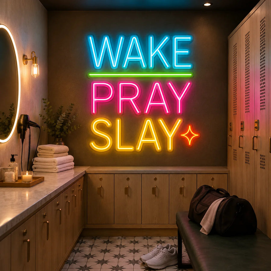 Wake Pray Slay neon sign glowing on a locker room wall above a vanity counter