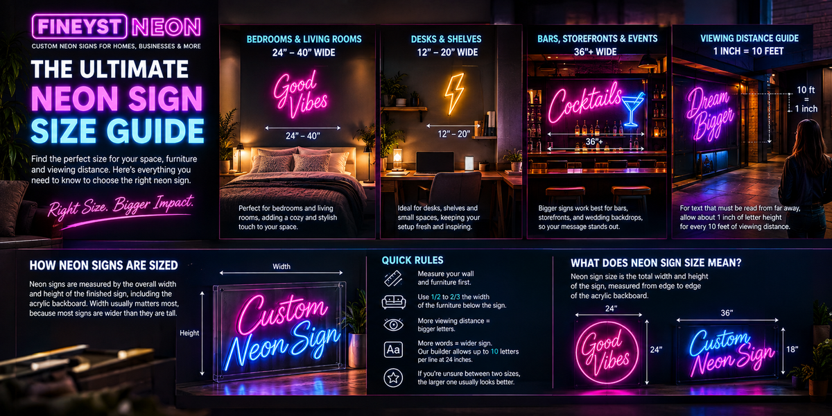 Neon sign size guide infographic showing recommended widths for bedrooms, desks, bars and storefronts with viewing distance chart for custom neon signs