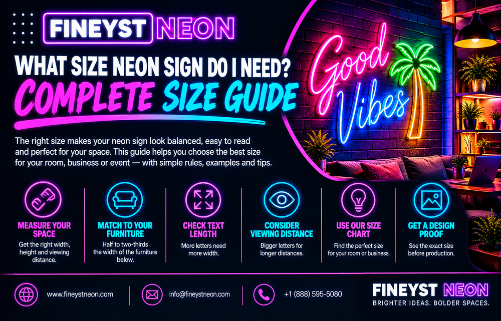 What size neon sign do I need complete guide banner with Good Vibes palm tree neon sign