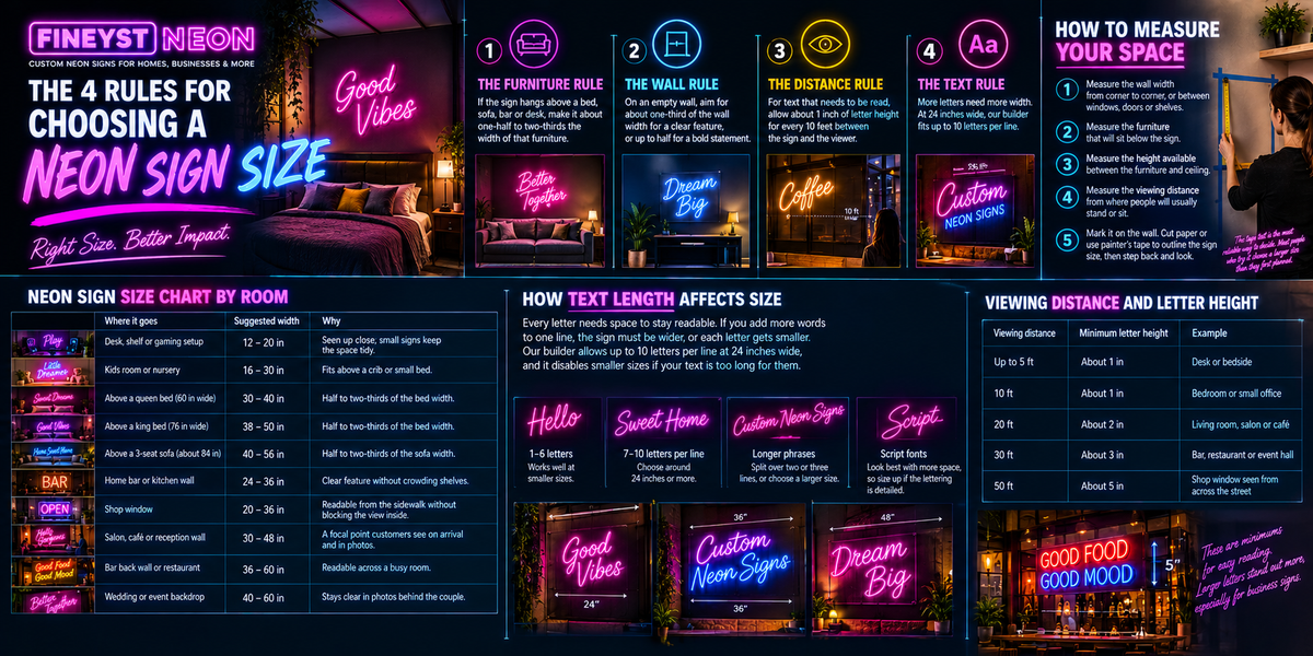 4 rules for choosing neon sign size infographic with furniture rule, wall rule, distance rule, text rule and room-by-room size chart