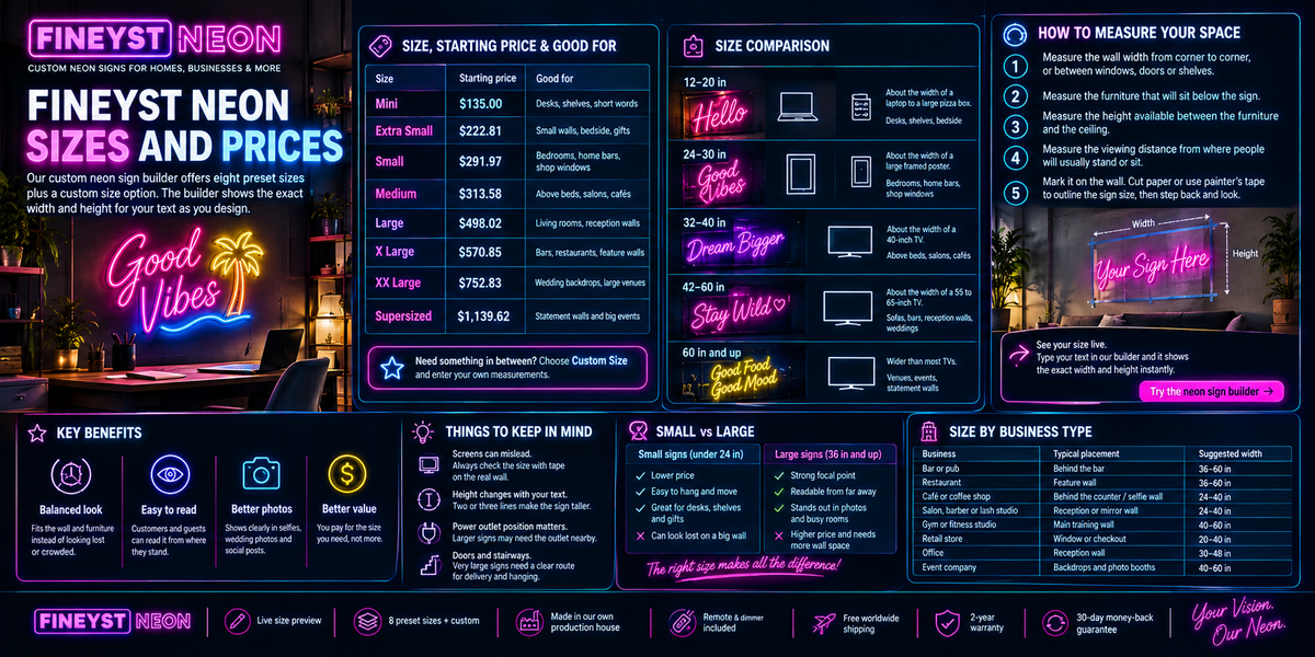 Custom neon sign pricing chart with size comparison, small vs large signs and business type recommendations