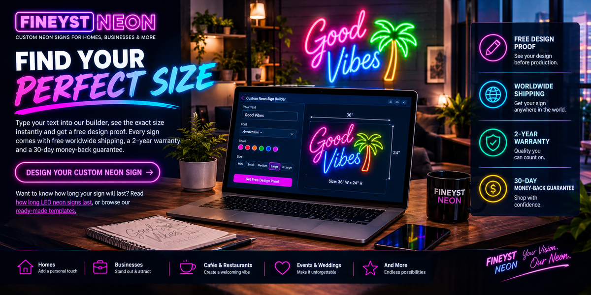 Custom neon sign builder interface to design and size a personalized neon sign online