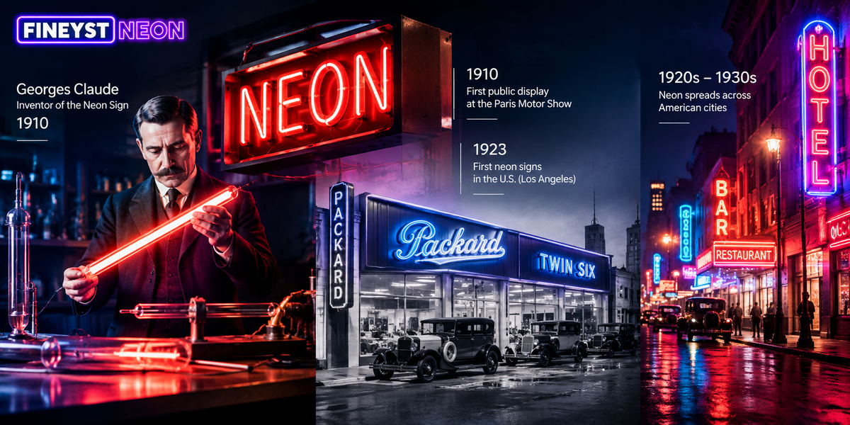 Neon sign history timeline: Georges Claude's 1910 invention, 1923 Packard dealership sign, and 1920s-30s American neon-lit street